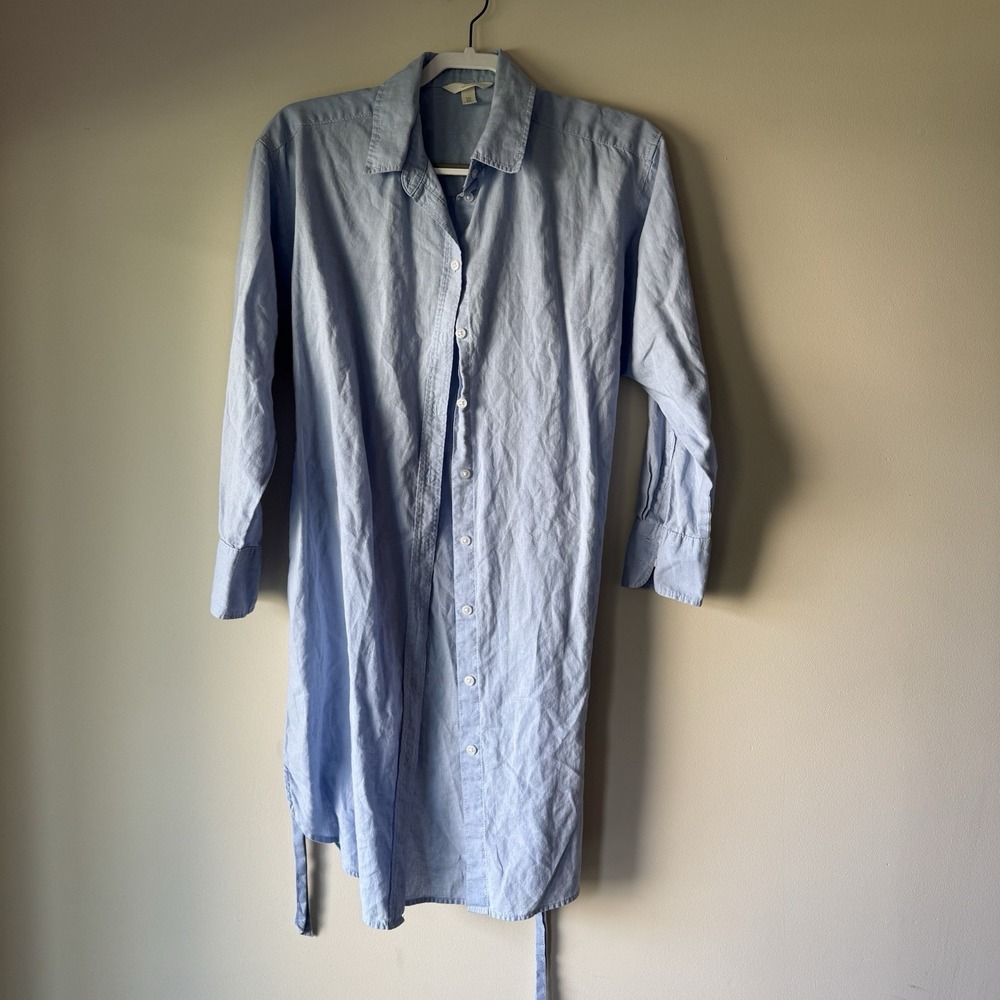 H&M Light Blue Linen Blend Shirt Dress Long Sleeve Button Front Size S